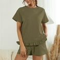 thumbnail image 2 of Women's Summer 2 Piece Outfits Casual Solid Crewneck Ruffle Hem Short Sleeve Top and Drawstring Shorts Set Tracksuits, 2 of 9