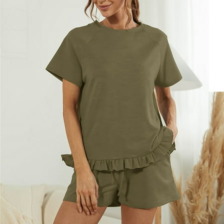 

Tawop Women Fashion Sexy Summer Casual Solid Color Short Sleeve Shorts Ruffle 2 Piece Set Maternity Shorts Easter Bunny