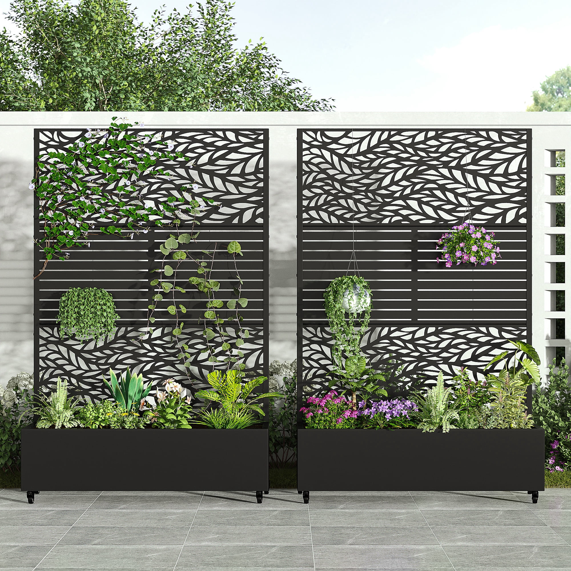 MAYEERTY 2-Set 47*16" Outdoor Black Metal Planter Box with Trellis for Climbing Plants,Leafy & Parallel Pattern