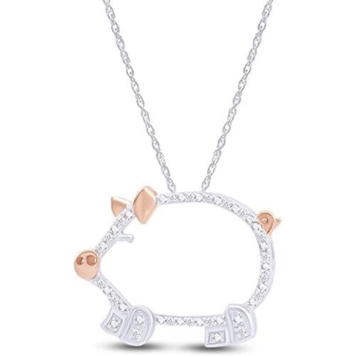 White VVS1 Diamond Accent Two Tone Pig Pendant 18" Necklace 925 Sterling Silver