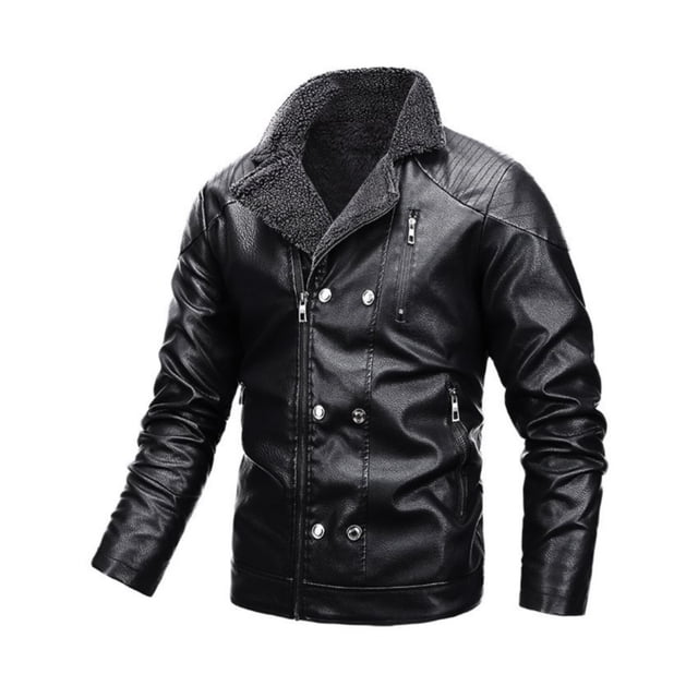 Chaqueta de cuero con cuello vuelto para hombre, color negro vintage