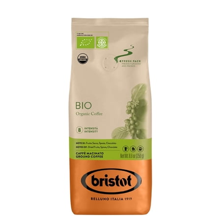 Bristot Bio Organic Ground Espresso - Italian Ground Espresso - Medium Roast - For Moka, French Press, Pour Over - USDA Organic Certified - 8.8oz/250g