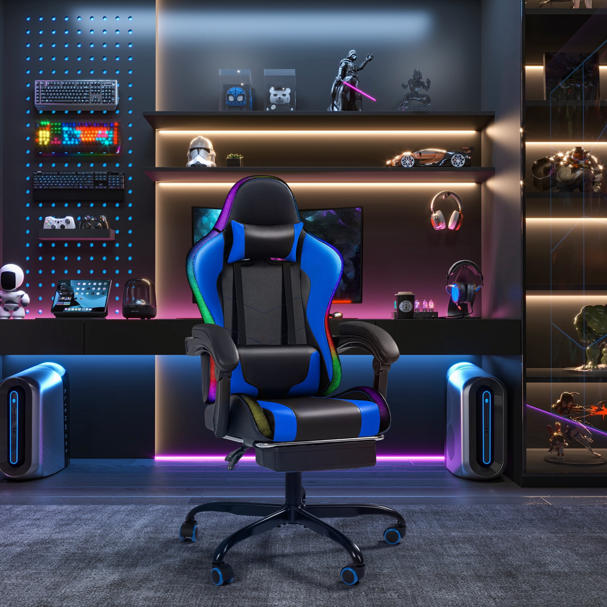 Homall RGB Gaming Chair with APP & Remote Control, LED Lights Ergonomic Computer Chair with Footrest & Massage Lumbar Support, Blue