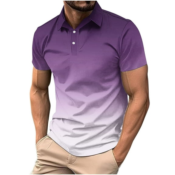 Men's Gradient Polo Shirt Turndown Collar Short Sleeve Slim Fit Casual Fashion Top