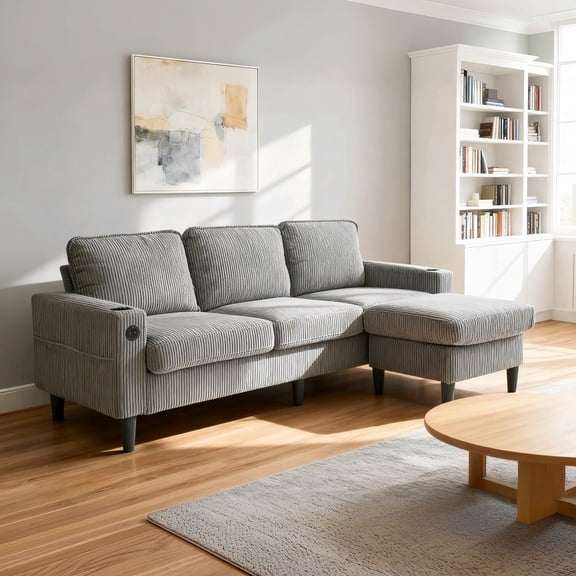 Light Grey Knock Down 3-Seat Combo Sofa with Storage Ottoman for Living Room Apartment Bedroom and Compact Room, Upholstered Sectional Couch, L Shaped Bench with Footrest and Individual Storage