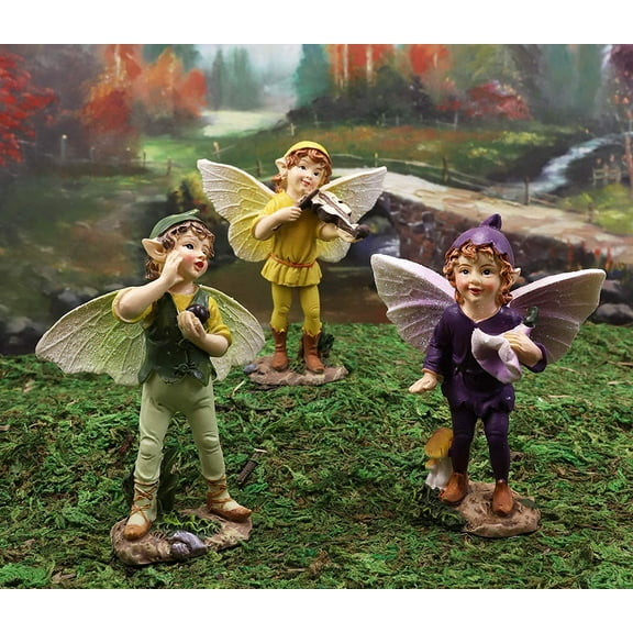 Ebros Set of 3 Fairy Garden Boy Fairies in Morning Violin Serenade Figurines 4"H