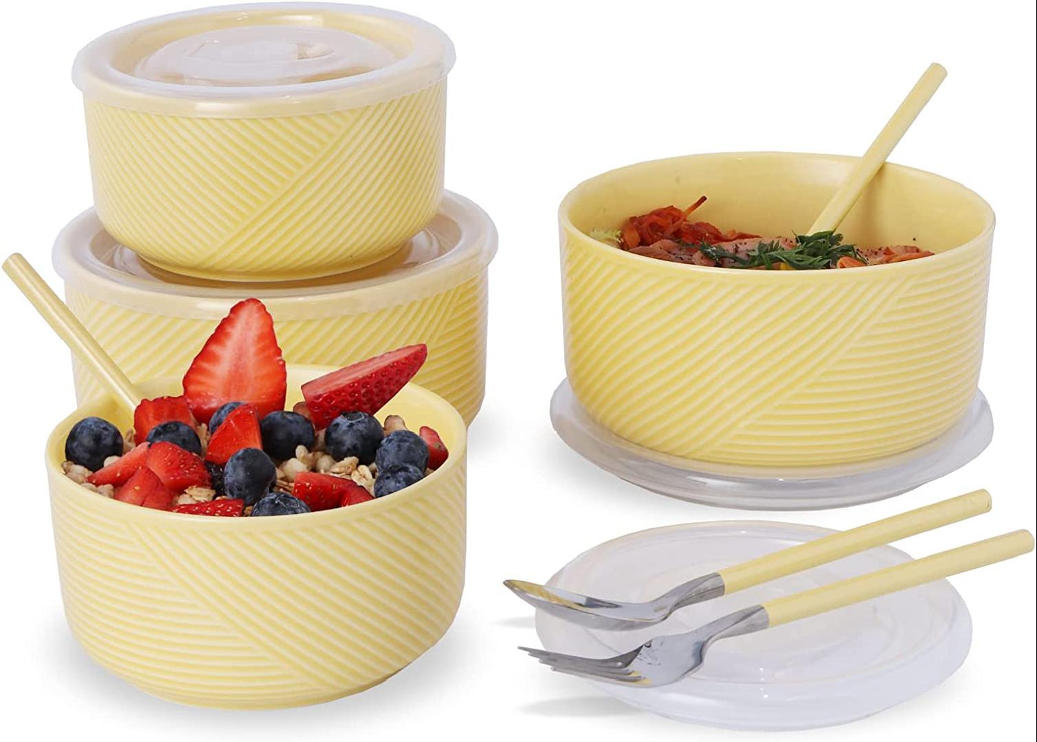 Ceramic Bowls with Lids 5 + 6 in Porcelain Bowls Set with Spoons