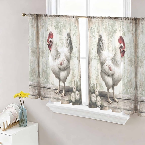 White Chicken Rustic Semi Sheer Curtains 45 Inch Length 2 Panels Set, Vintage Floral Oil Painting Sheer Kitchen Curtain Privacy Voile Window Curtain for Living Room Bedroom Rod Pocket Drapes