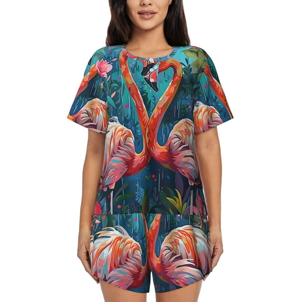 Fotbe Romantic Flamingo Pair Conjunto de Pijama Estampado para Mujer, 2 Piezas, Ropa de Dormir con Camiseta de Manga Corta y Shorts Suaves-Large