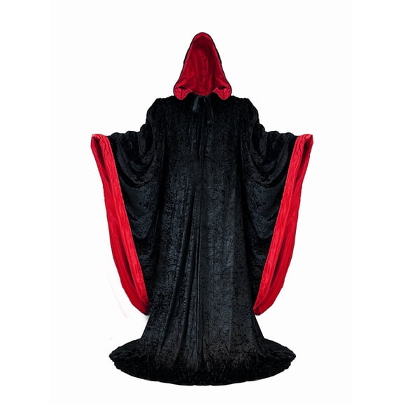 Black Wizard Robe with Hood and Sleeves, Halloween Party Costume for Adults, Velvet Lined in RED Satin Cosplay, 64" Cloak