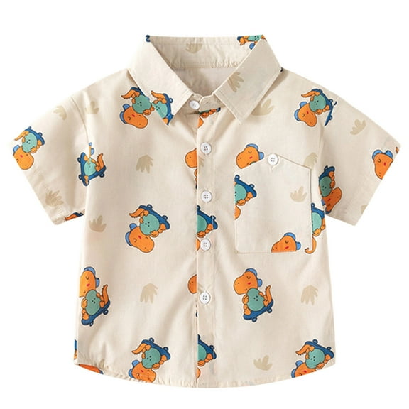 Tisuna Button Down T Shirt For Boys Toddler Dinosaur Print Short Sleeve Lapel Neck Tops Casual Cute Boys Child Summer Outfits Beige Size 3-4 Years