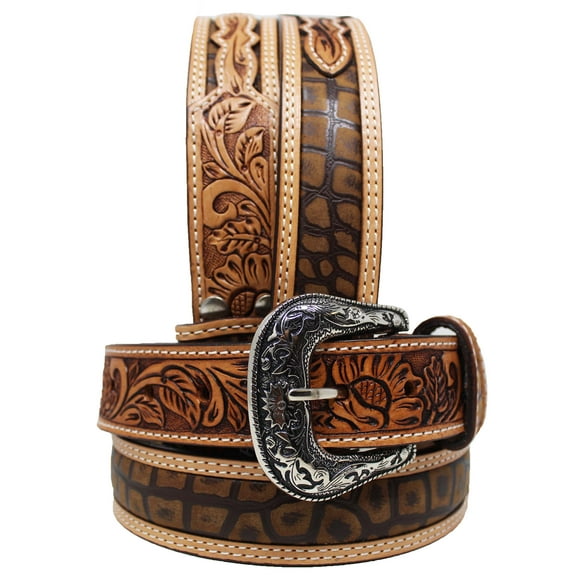 40  Western 1-1/2" Floral Tooled Gator Inlay Full-Grain Tan Leather Belt 26RS18