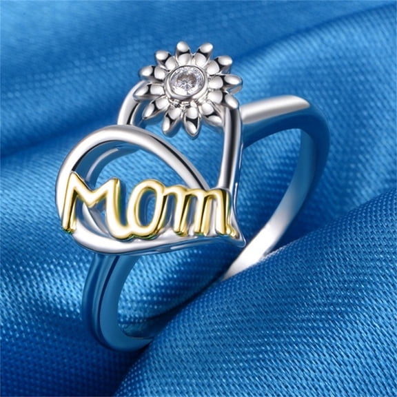 FENGGHAO Mothers Day Sunflower Heart Ring Love Mom Design Silver Tone Alloy Creative Finger Ring Size 8 Gift for Women