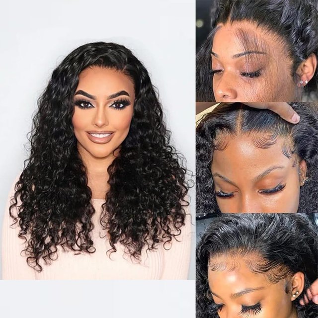 Pelucas delanteras de encaje ondulado de agua Cabello humano 13x6 HD Pelucas delanteras de encaje Cabello humano 200% densidad (negro natural - peluca ondulada de agua 20 pulgadas)