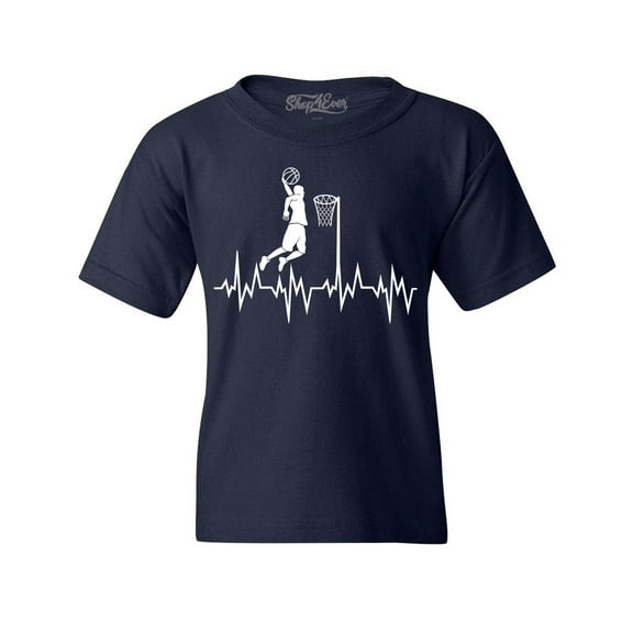 Shop4Ever Kids Basketball Player Slam Dunk Heartline Heartbeat Graphic Child's Youth T-Shirt X-Small Navy Blue