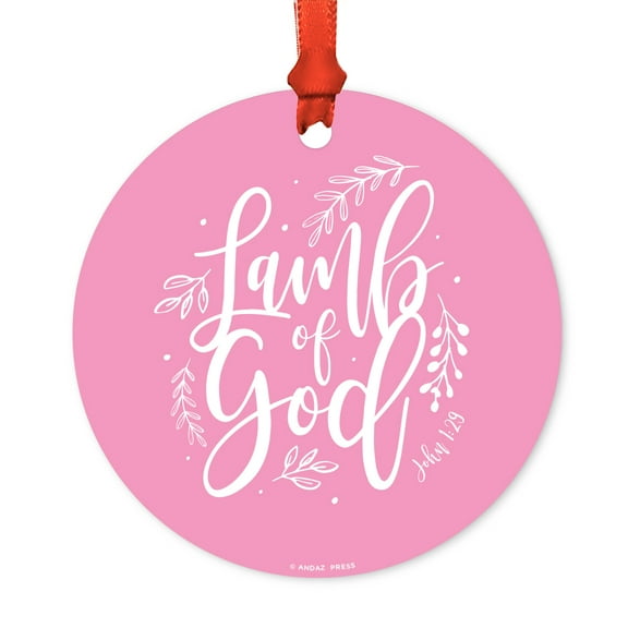 Religious Round Metal Christmas Ornament, Lamb of God, John 1:29, Pink, Includes Ribbon and Gift Bag