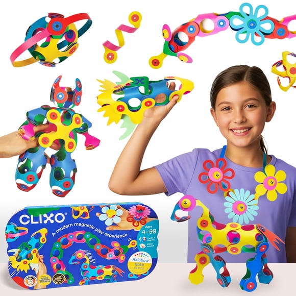Clixo Rainbow Max 54 Piece Pack - Flexible, Durable, Imagination-Boosting Magnetic Building Toy- Modern, Modular Designs for Hours of STEM Play. A Mu
