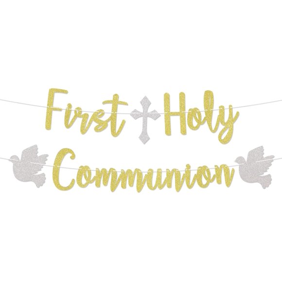 First Holy Communion Banner - Baptism Decorations for Baby, First Communion Bunting Banner, Religious Christening Party Decorations Gold Glitter