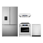 4 Piece Kitchen Package with 30" Freestanding Electric Range 30" Under Cabinet Hood 24" Built-in Fully Integrated Dishwasher & French Door Refrigerator