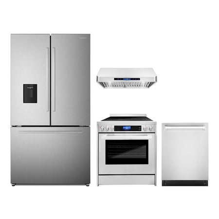 4 Piece Kitchen Package with 30" Freestanding Electric Range 30" Under Cabinet Hood 24" Built-in Fully Integrated Dishwasher & French Door Refrigerator