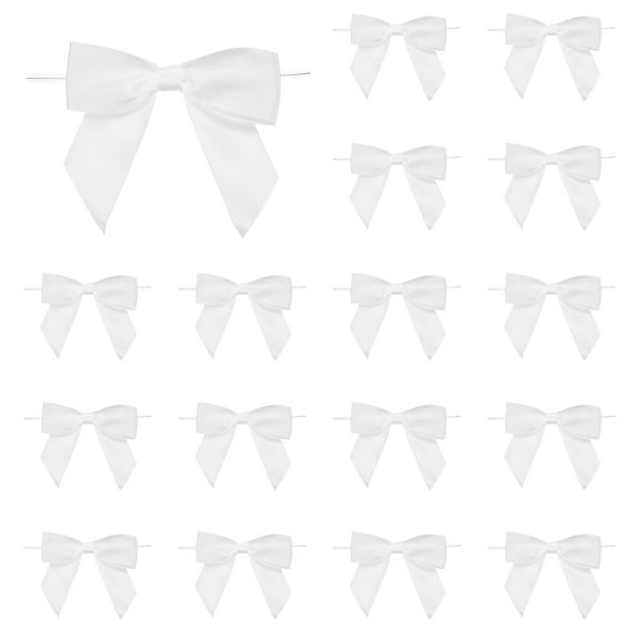 50 Pcs Pre-Tied Bows Satin Ribbon Bows 3.5" Twist Ties Gift Bows for Craft DIY Candy Bags Christmas Wedding Decor Party Treat Bags White
