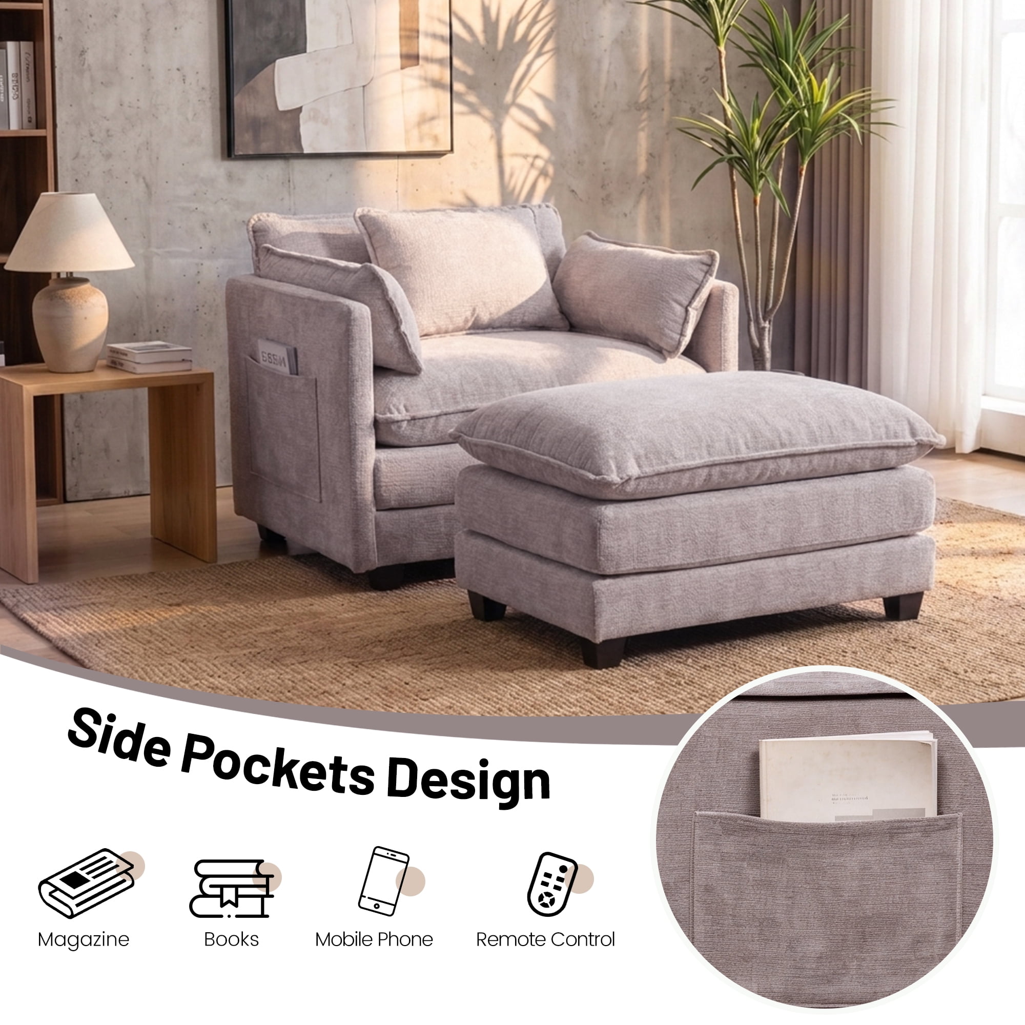 39.76" Oversize Accent Chair wirh Ottoman Armchair Set with Side Pocket