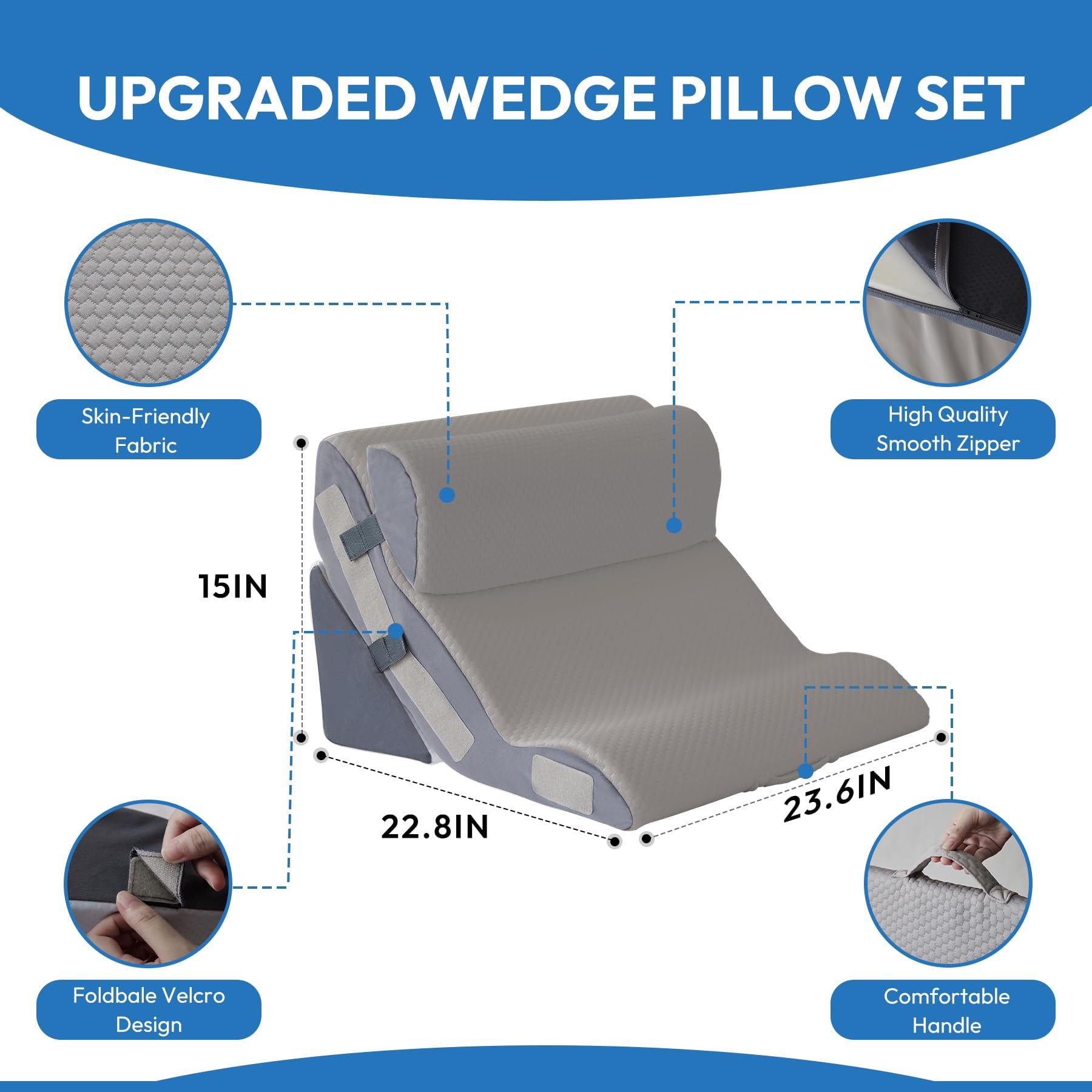 3pcs Wedge Pillow Set For After  Bed Sitting Up 10-in-1 Foam Acid Reflux & Grey
