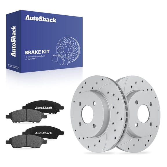 AutoShack Front Vented Drilled & Slotted Coated Brake Rotors Silver Matte Finish   Ceramic Pads 6-PC Brake Kit Replacement for 2012-2019 Nissan Versa TurboGuard 10.22" (259.7 mm)