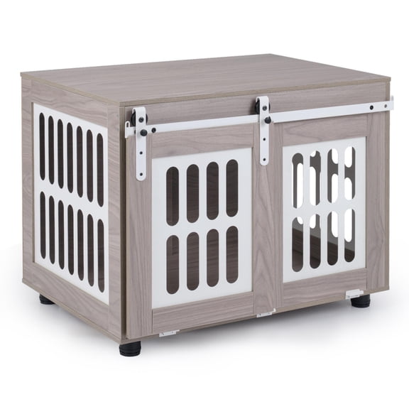 Gray Dog Crate Furniture with Sliding Barn Door, Wooden Dog Kennel Table, Indoor Pet Crate