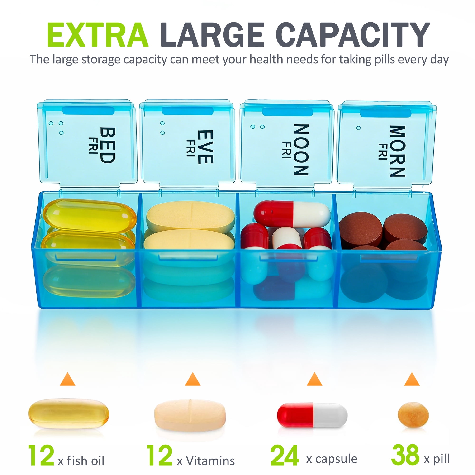 Weekly Pill Organizer 4 Times a Day, 7 Day Pill Box with 28 Compartments, Colorful Pill Case for Vitamins, Supplements, Medication