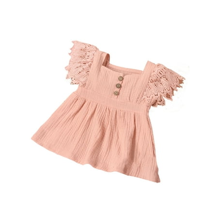 

ZIYIXIN Newborn Baby Girls Princess Dress Solid Lace Fly Sleeve Button A-Line Mini Dress Pink 0-3 Months