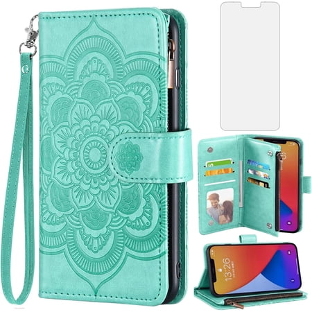 Phone Case for iPhone 12 Pro Max 6.7 Wallet Cover with Tempered Glass Screen Protector and Flip Card Holder Cell Accessories iPhone12promax 5G i 12s Plus iPhone12 12pro Promax Women Men Green