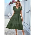 thumbnail image 6 of Women Sundress Summer Floral Short Sleeve Wrap V Neck A-Line Midi Dress Green S, 6 of 8