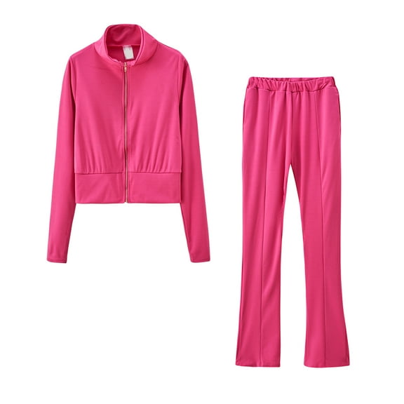 YWDJ Two Piece Outfits for Women Going out Plus Size Fashion Zipper Solid Color Sweat Shirt Top And Pant Tracksuit Sport Suit Pink XL