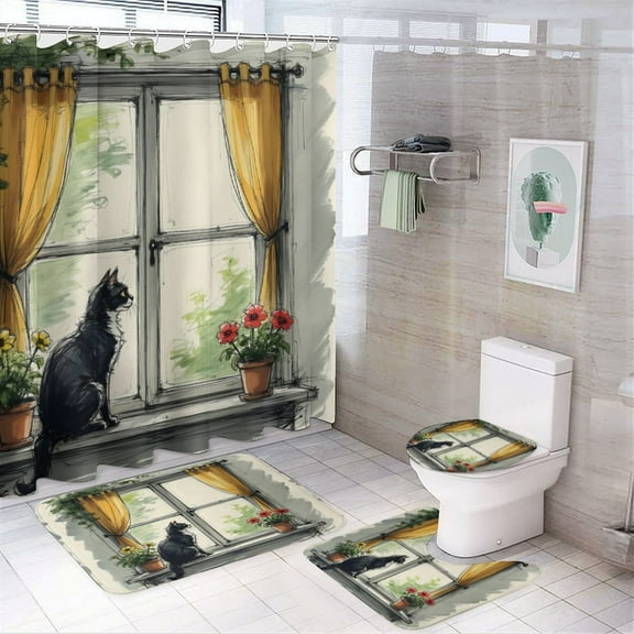Cat Print Decorative Shower Curtain Set, Cute 4-Piece Bathroom Set with 72" x 72" Shower Curtain, Toilet Cover Mat, U-Shaped Mat, Non-Slip Floor Mat