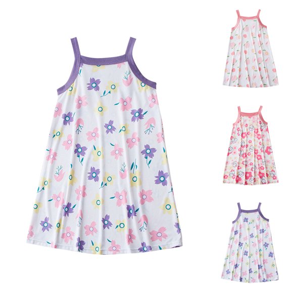 SROBPTY Girls Summer Dress Print Crew Neck Spaghetti Strap Mid-Length Sundress for Beach Wear