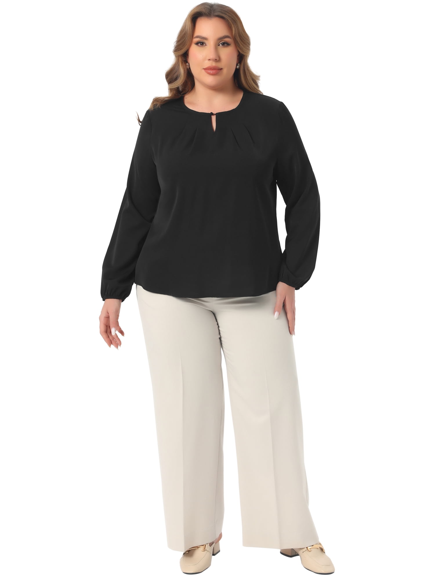 DARING DIVA Women's Plus Crew Neck Pleated Chiffon Blouse 3X Black