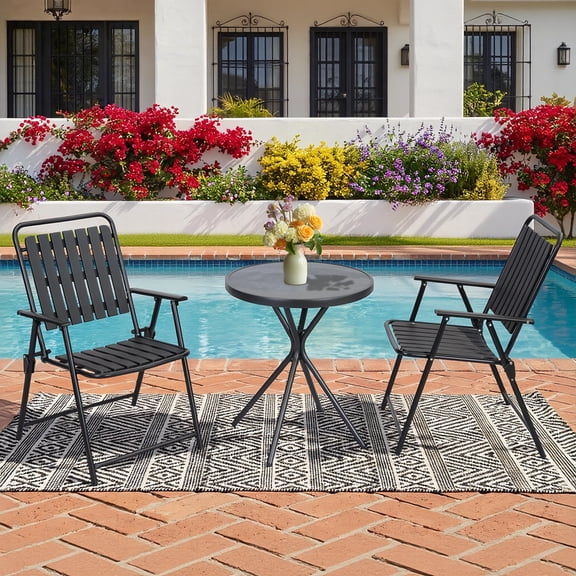 DELMANGO 3-Piece Patio Bistro Set,1 Bistro Table and 2 Foldable Chairs for Porch, Yard, Garden, Black