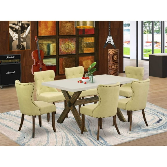 East West Furniture X726SI737-7 7-Pc Dining Room Table Set- 6 Upholstered Dining Chairs with Limelight Linen Fabric Seat and Button Tufted Chair Back - Rectangular Table Top & Wooden Cross Legs -...