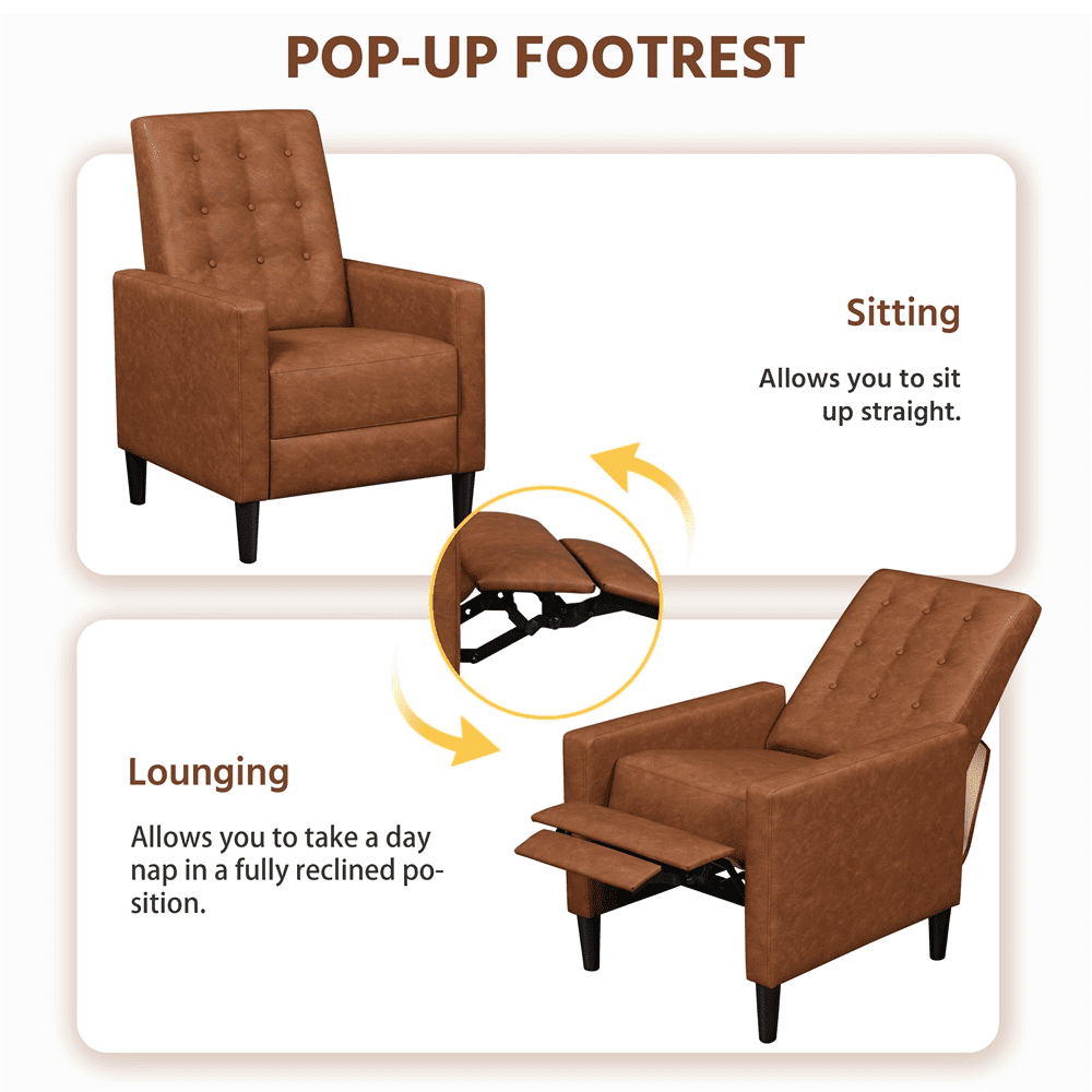 Alden Design Modern Tufted Faux Leather Recliner with Footrest for Living Room, Brown