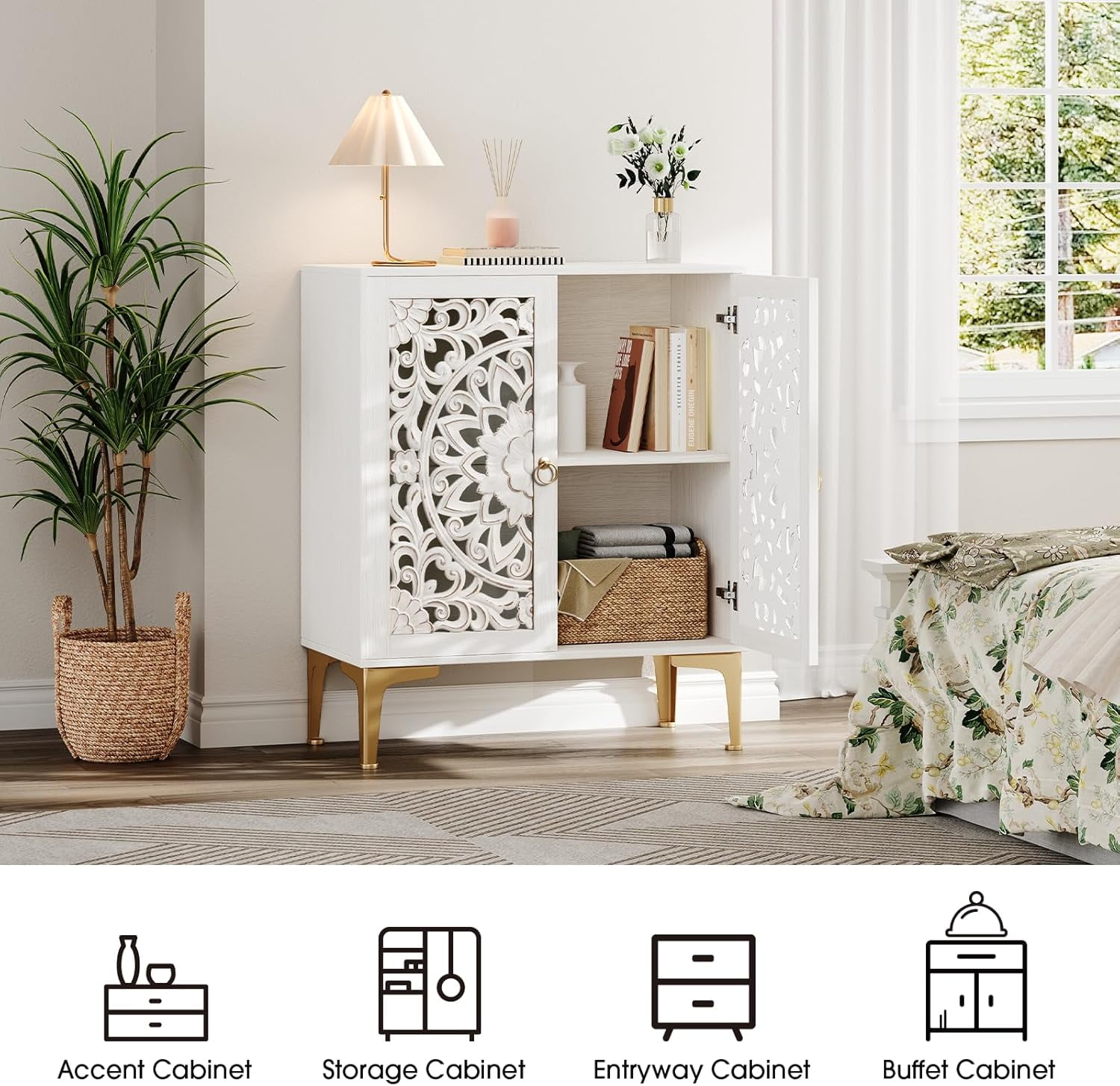 Joinice Accent Cabinet Set of 2, Storage Cabinet with 2 Doors & Adjustable Shelf for Bedroom,Entryway,Living Room,White