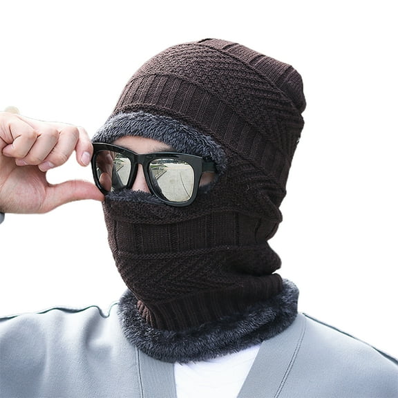 GROFRY Men Hat Solid Color Plush Lining Autumn Winter Warm Knitting Cap Scarf Face Cover for Outdoor