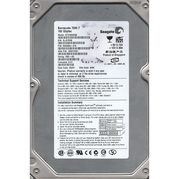 ST3160023A, 3LJ, AMK, PN 9W2084-314, FW 8.01, Seagate 160GB IDE 3.5 Hard Drive