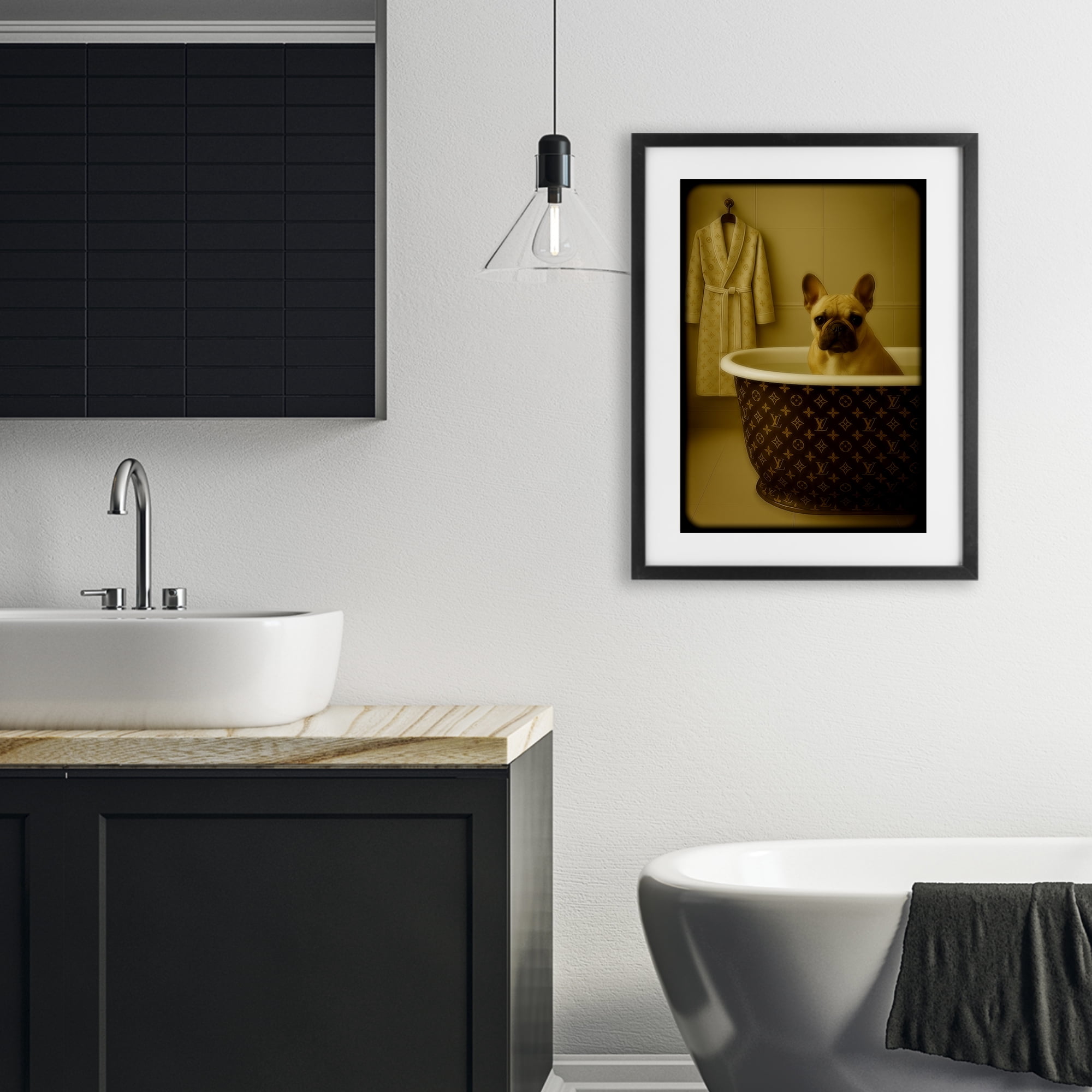 Stupell Industries Couture French Bulldog in Luxury Tub Black Framed Print Under Glass, design by Grotto Studios