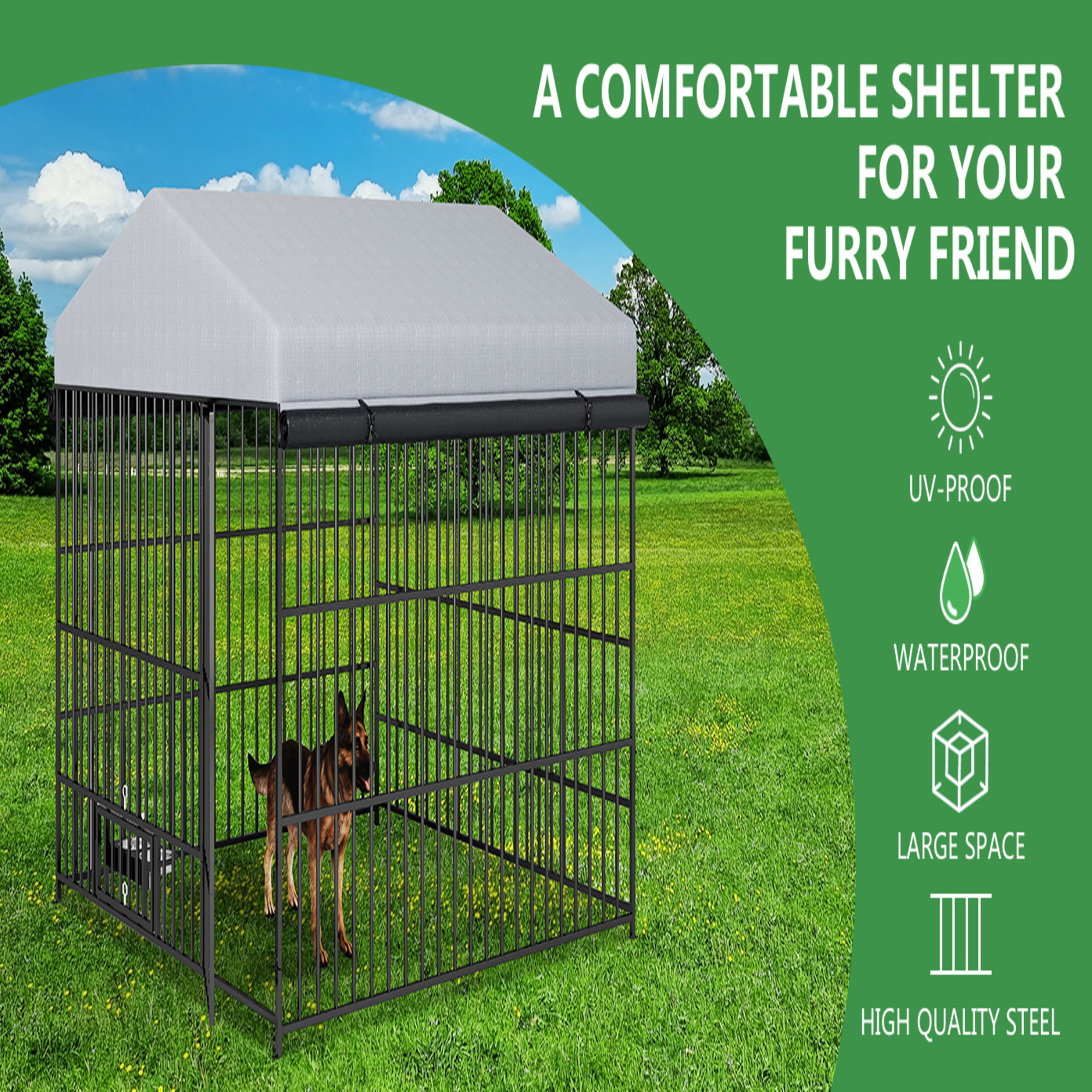 QNACPY Heavy-duty Large Dog Kennel, Outdoor Pet Pens Run Enclosure Animal Hutch Metal Coop Fence with Roof Cover for Small/Medium/Large Dogs(6.6'L x 6.6'W x 6.4'H)