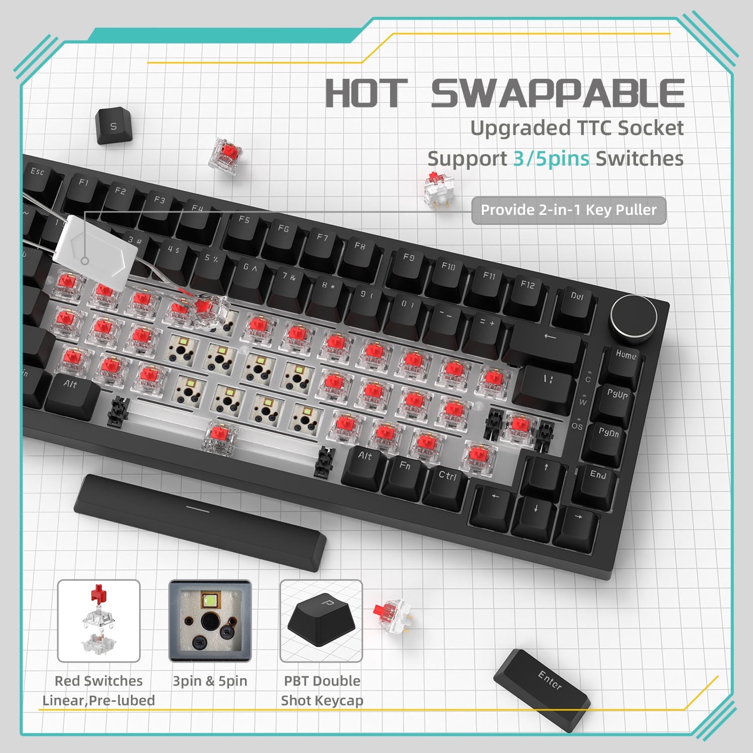 AJAZZ AK820 75% Wired Mechanical Gaming Keyboard, Gasket Mount, Hot Swappable Red Switches, RGB Backlit, PBT Keycaps, Volume Knob, PC/Mac Compatible - Black