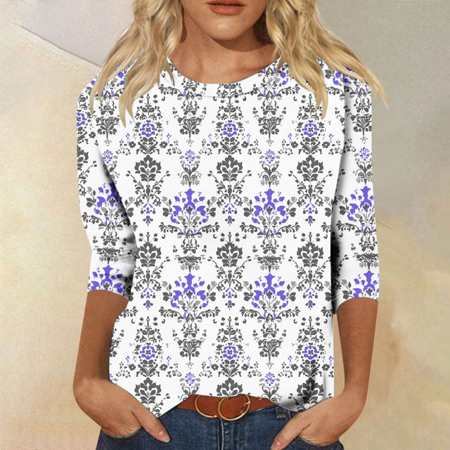 Économies d'Été en Liquidation! Fatuov Hauts Grande Taille pour Femmes T-Shirts Graphiques Floraux d'Été Manches 3/4 Col Rond Hauts Décontractés Violets