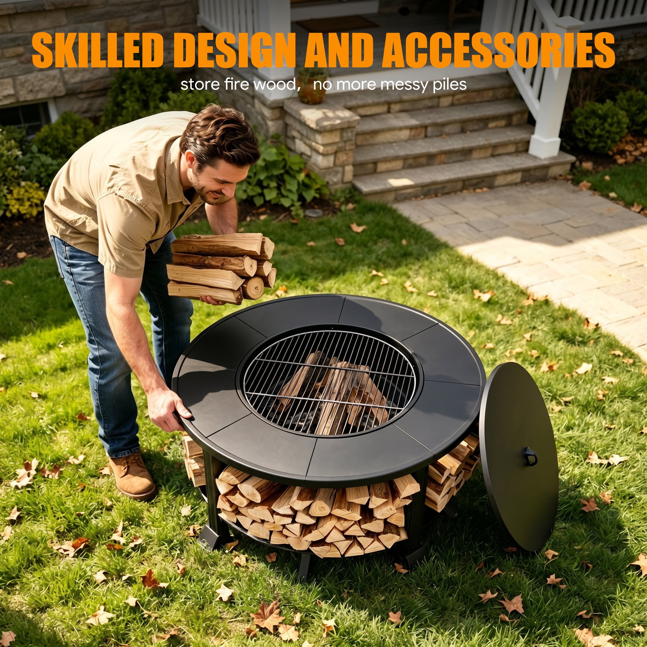 Outdoor Fire Pit, SHINPT 38” Round Wood Burning Fire Pit Table, Outdoor Patio Bowl with Grill Grate, Spark Screen Lid, Poker Tool and Waterproof Cover, for Patio, Backyard, Garden and Camping