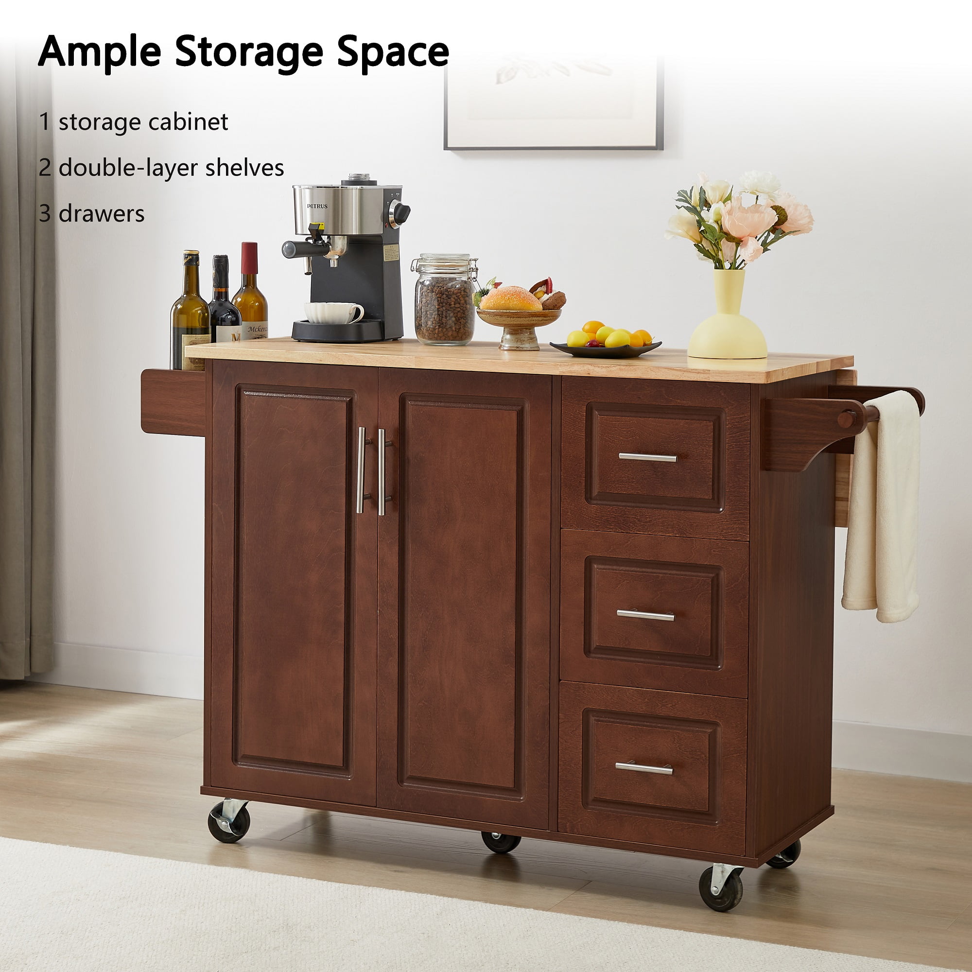 Kitchen Island with Countertop, Rolling Kitchen Island Cart Barn Door Table with Storage Cabinet On Wheels for Kitchen