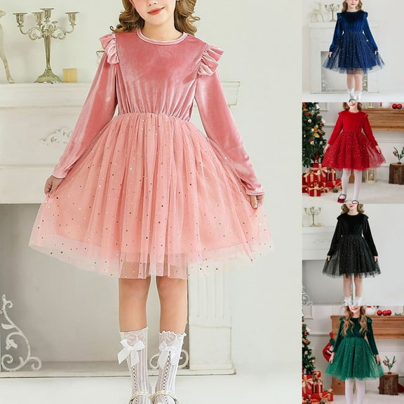 Wiyuqeen 4-11 Years Velvet Dresses for Kid Girls Long Sleeve Knee Length Dresses Sparkly Print Mesh Skirt Party Dresses Swing A Line Dresses